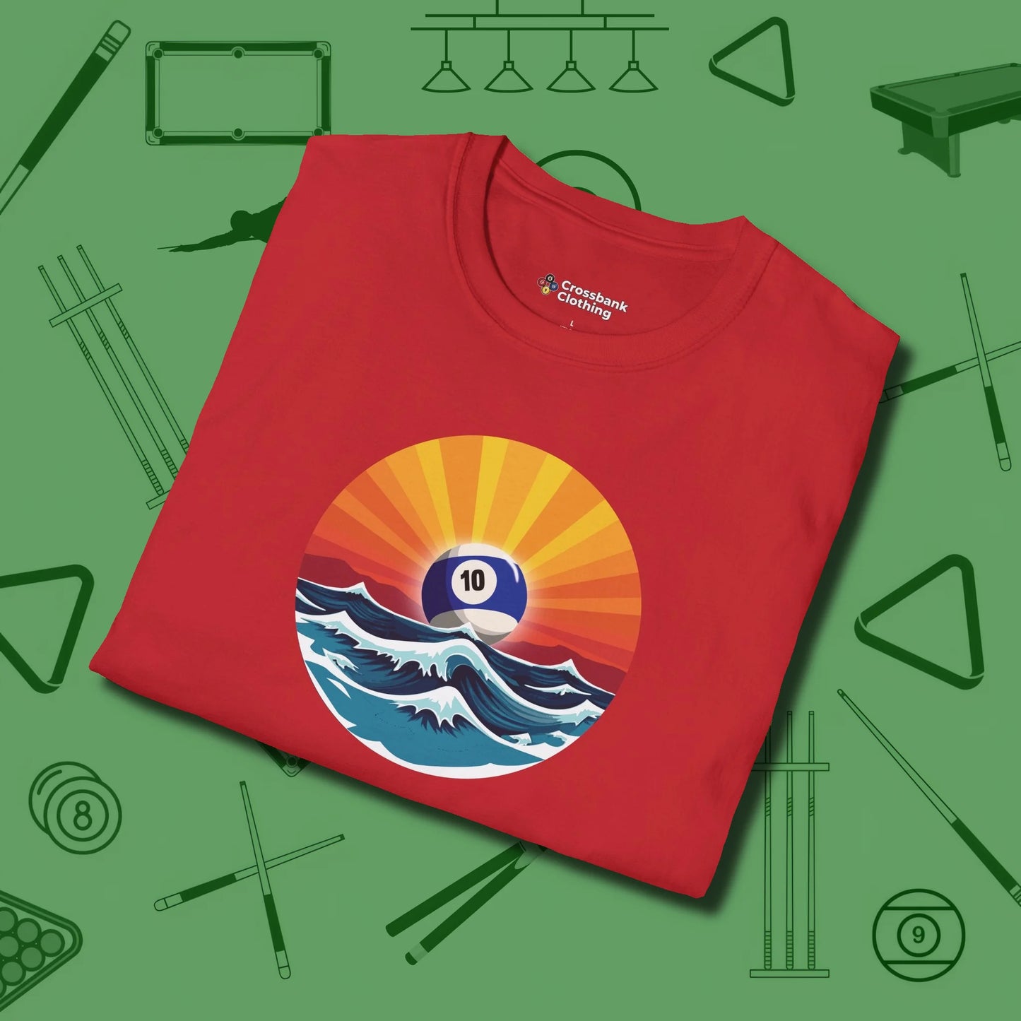 Sunrise Ten Ball T-Shirt, folded view, in Red like your stroke — smooth and deliberate