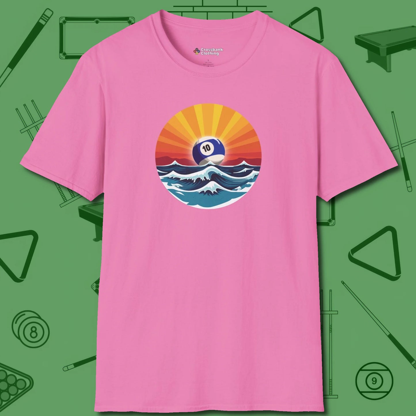Sunrise Ten Ball T-Shirt, front view, in Azalea dress for the shot you want to take