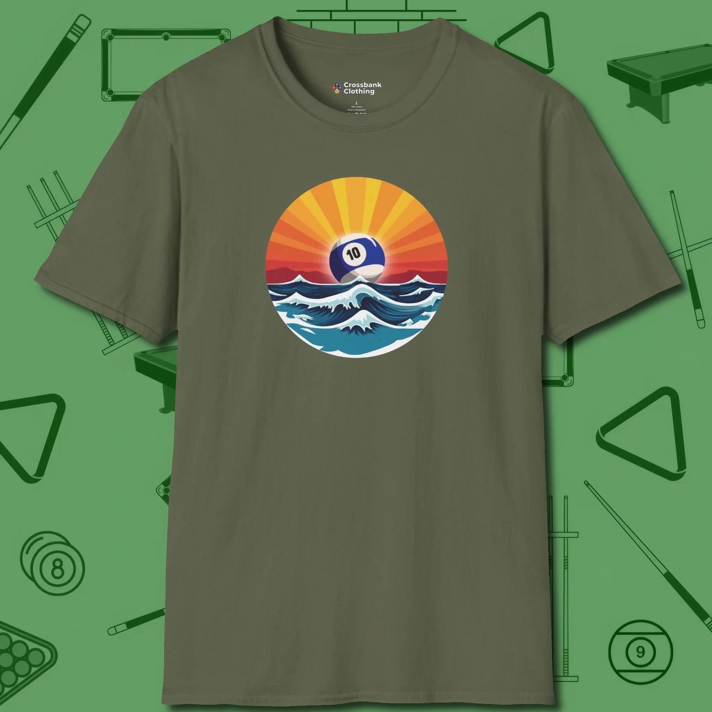 Sunrise Ten Ball T-Shirt, front view, in Military Green table-tested, street-approved style