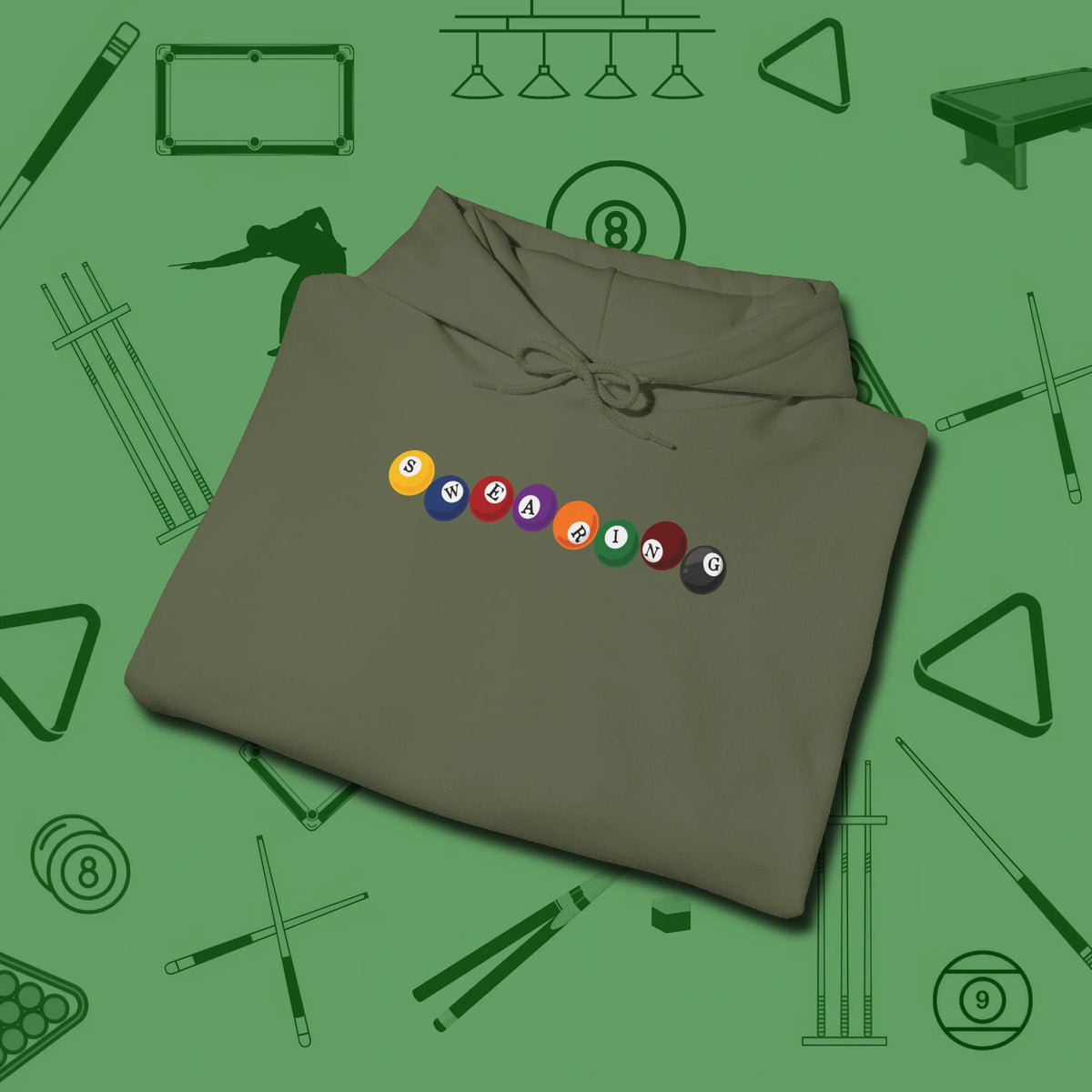 Swearing Balls Hoodie, folded view, in Military Green put your best game on display