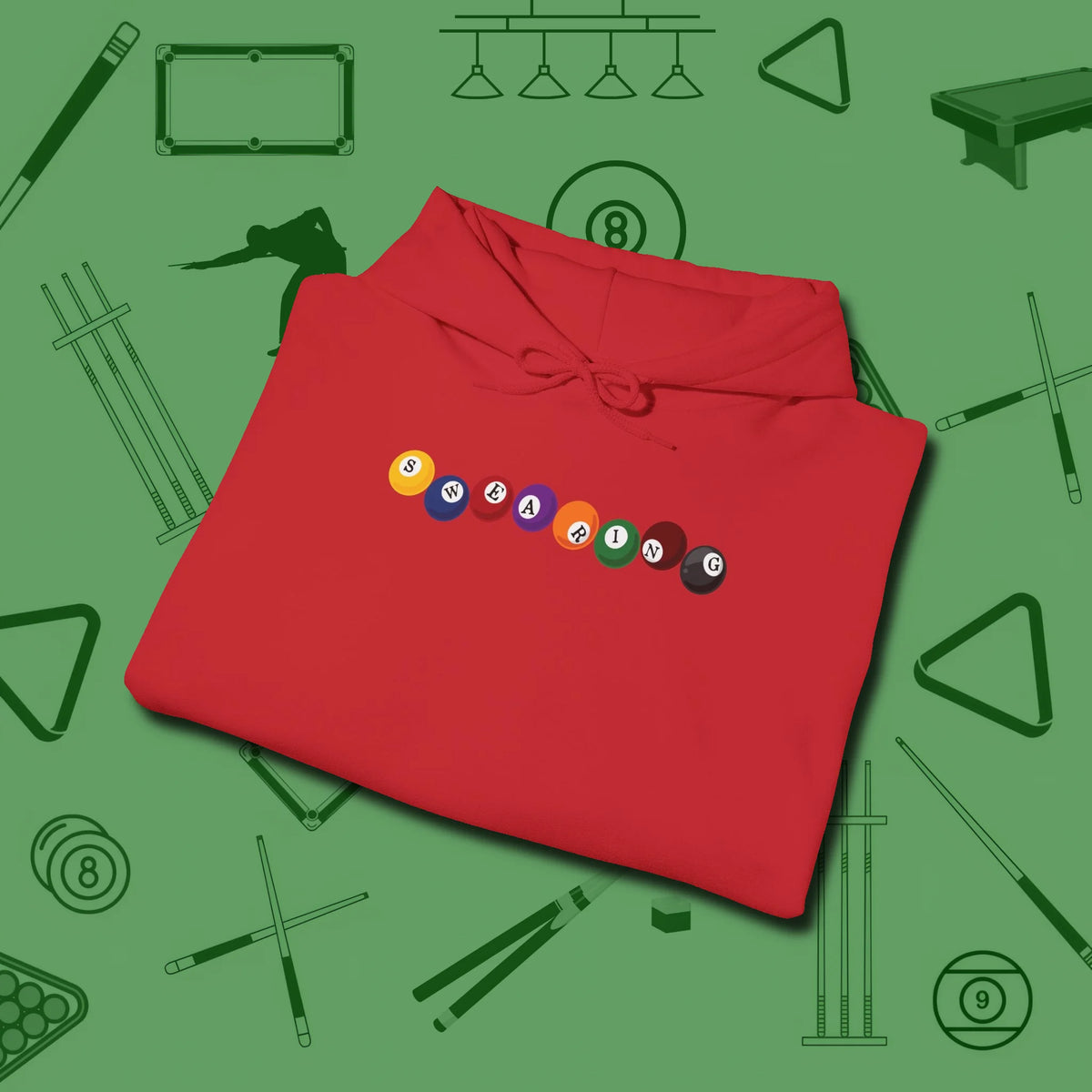 Swearing Balls Hoodie, folded view, in Red stitched for cue discipline and cool confidence