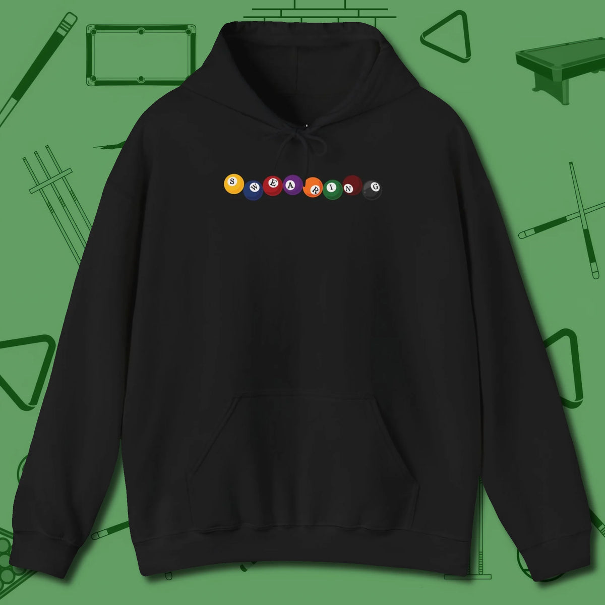 Swearing Balls Hoodie, front view, in Black break, run out, turn heads — repeat