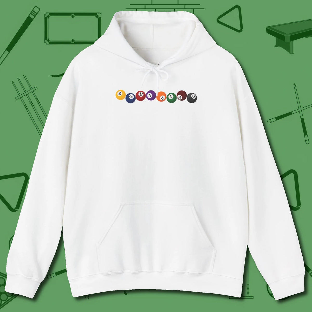 Swearing Balls Hoodie, front view, in White break, run out, turn heads — repeat