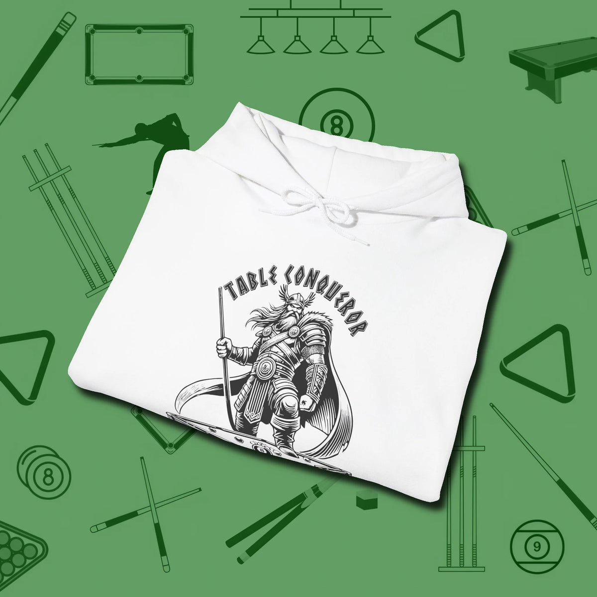 Table Conqueror Hoodie, folded view, in White styled to dominate from rack to run-out