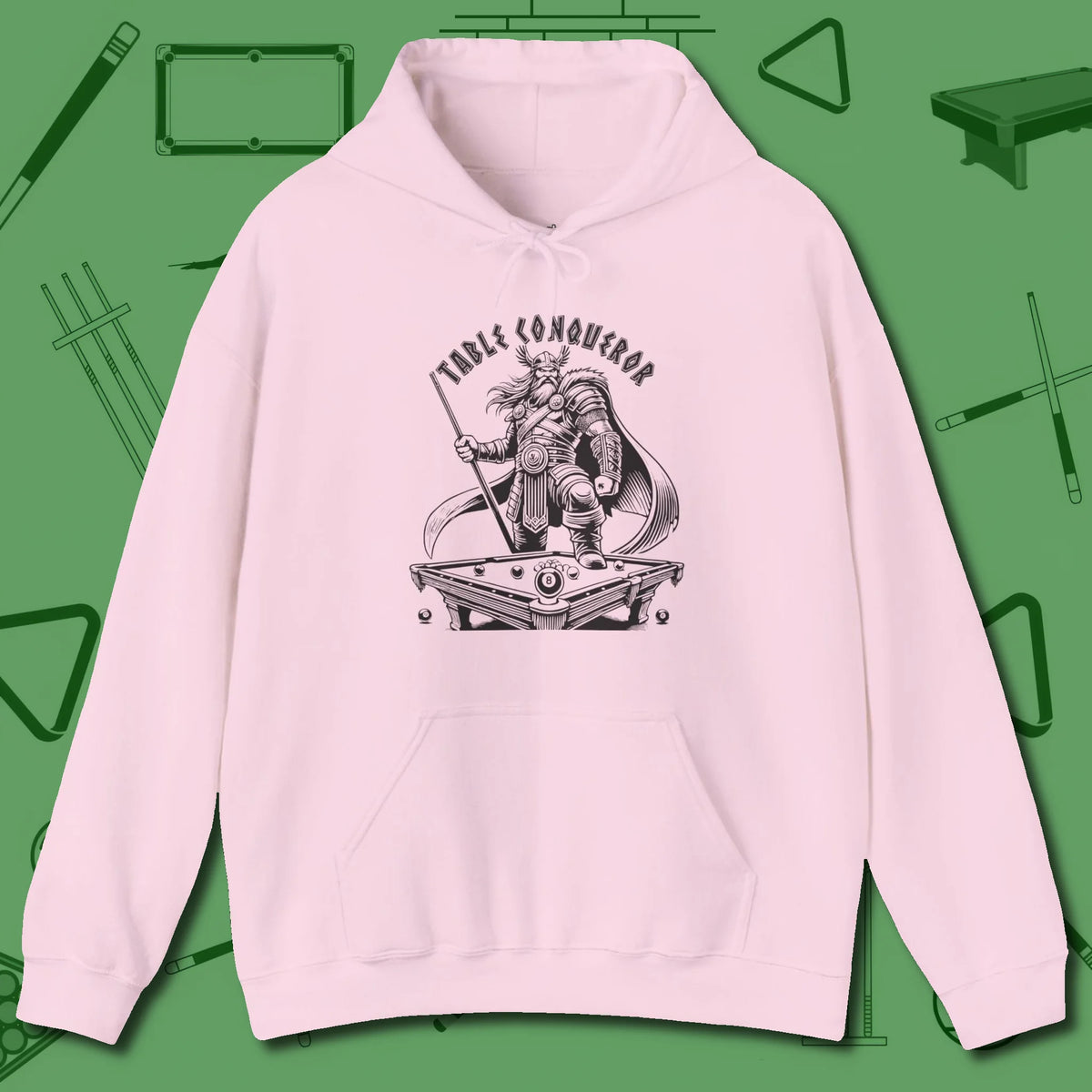 Table Conqueror Hoodie, front view, in Light Pink what champions wear between racks