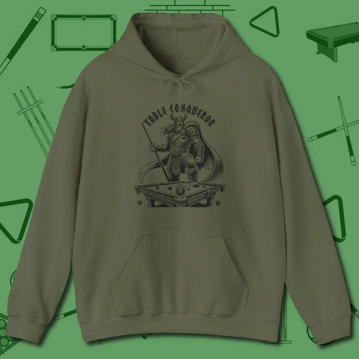 Table Conqueror Hoodie, front view, in Military Green confidence stitched in every seam