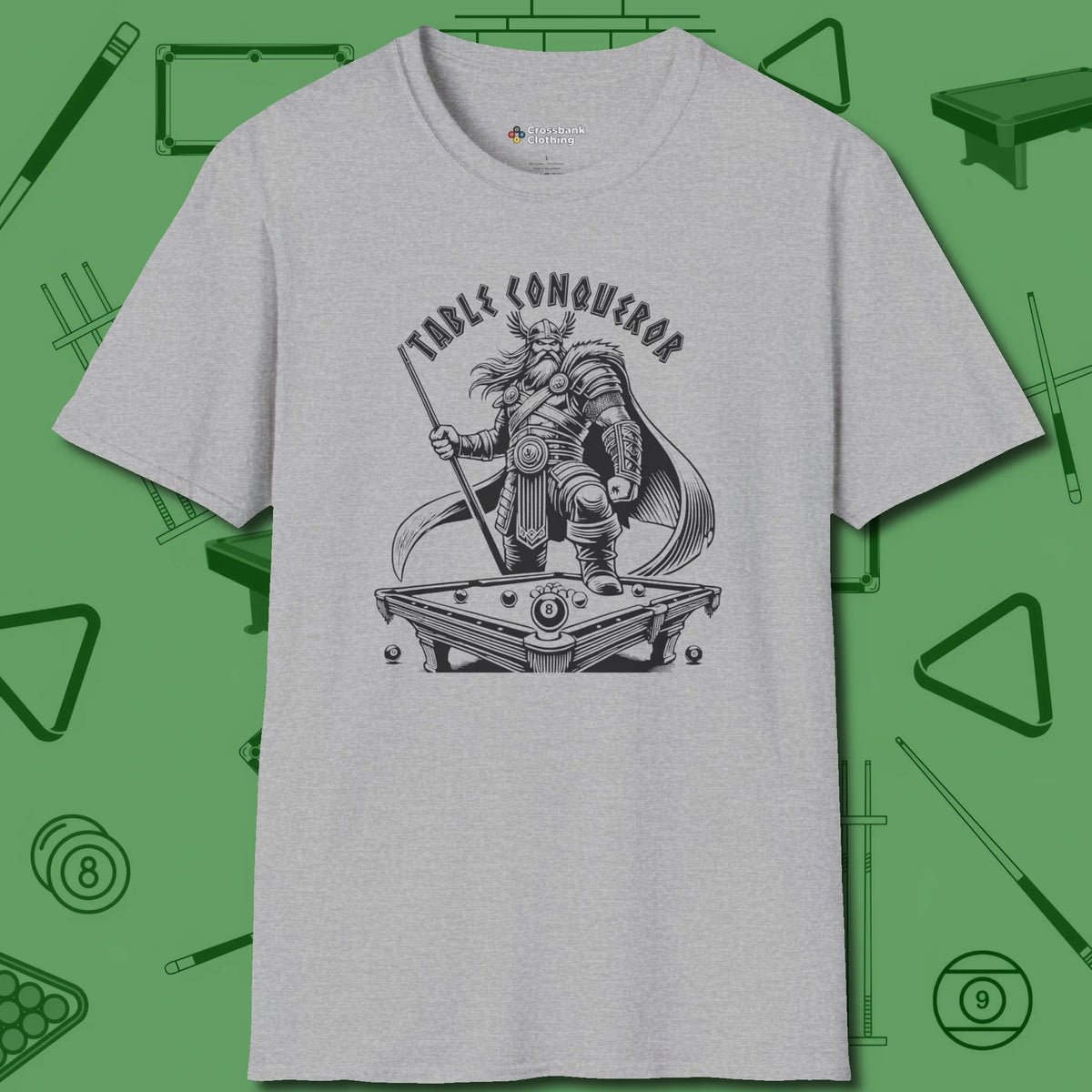 Table Conqueror T-Shirt, front view, in Sport Grey subtle drip for serious shooters