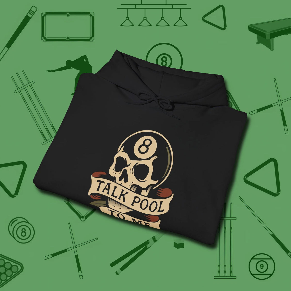 Talk To Me 8-Ball Skull Hoodie, folded view, in Black where cue control meets personal style