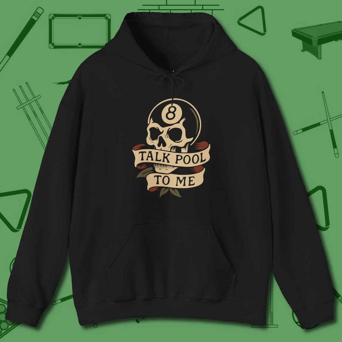 Talk To Me 8-Ball Skull Hoodie, front view, in Black for hustlers who keep it honest