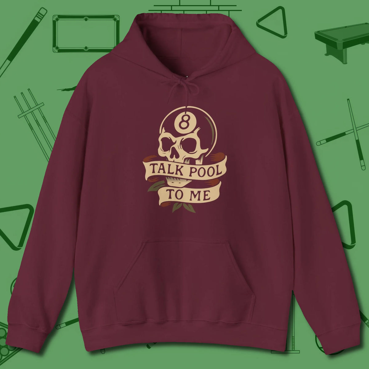 Talk To Me 8-Ball Skull Hoodie, front view, in Maroon designed for dead stroke and deadpan looks