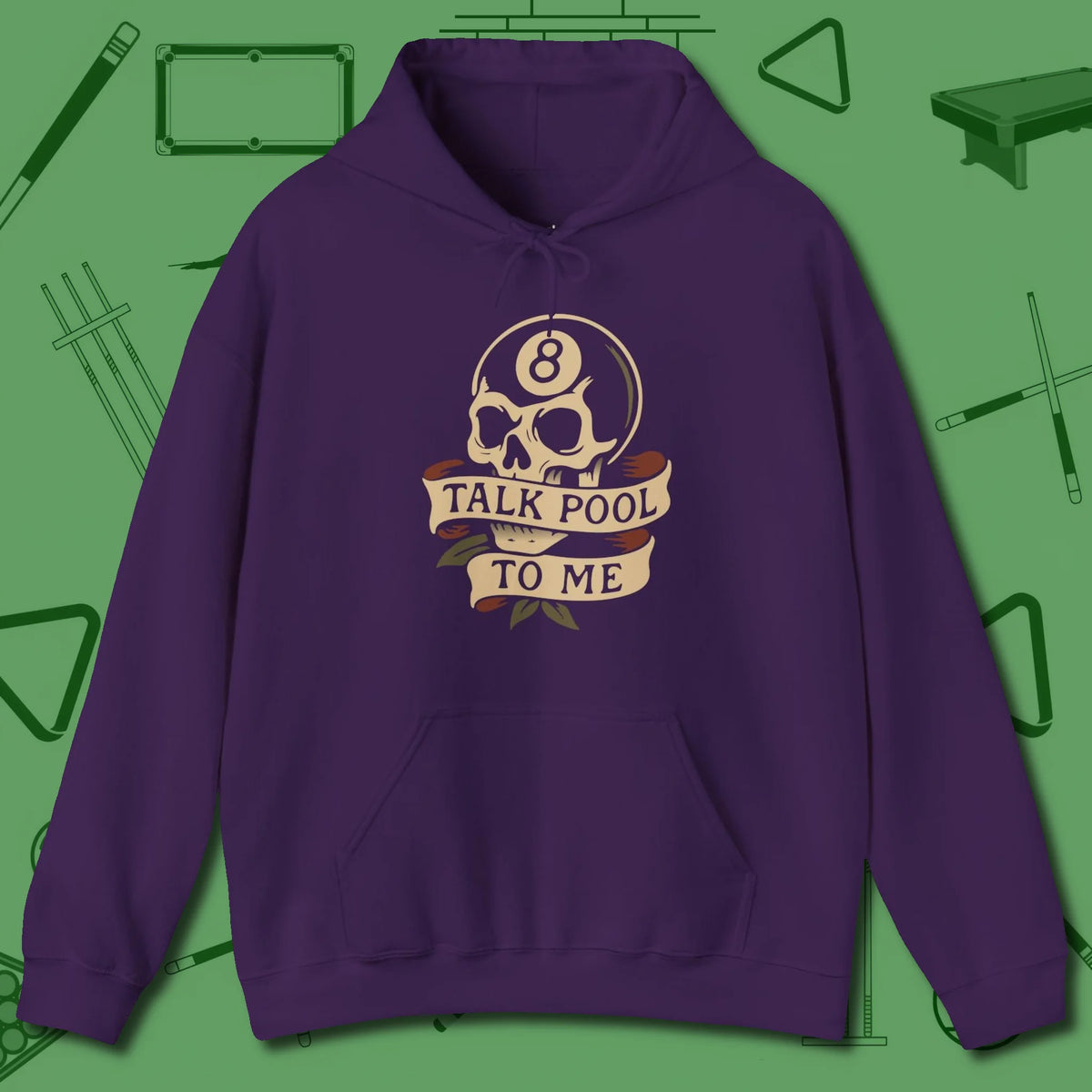 Talk To Me 8-Ball Skull Hoodie, front view, in Purple what champions wear between racks