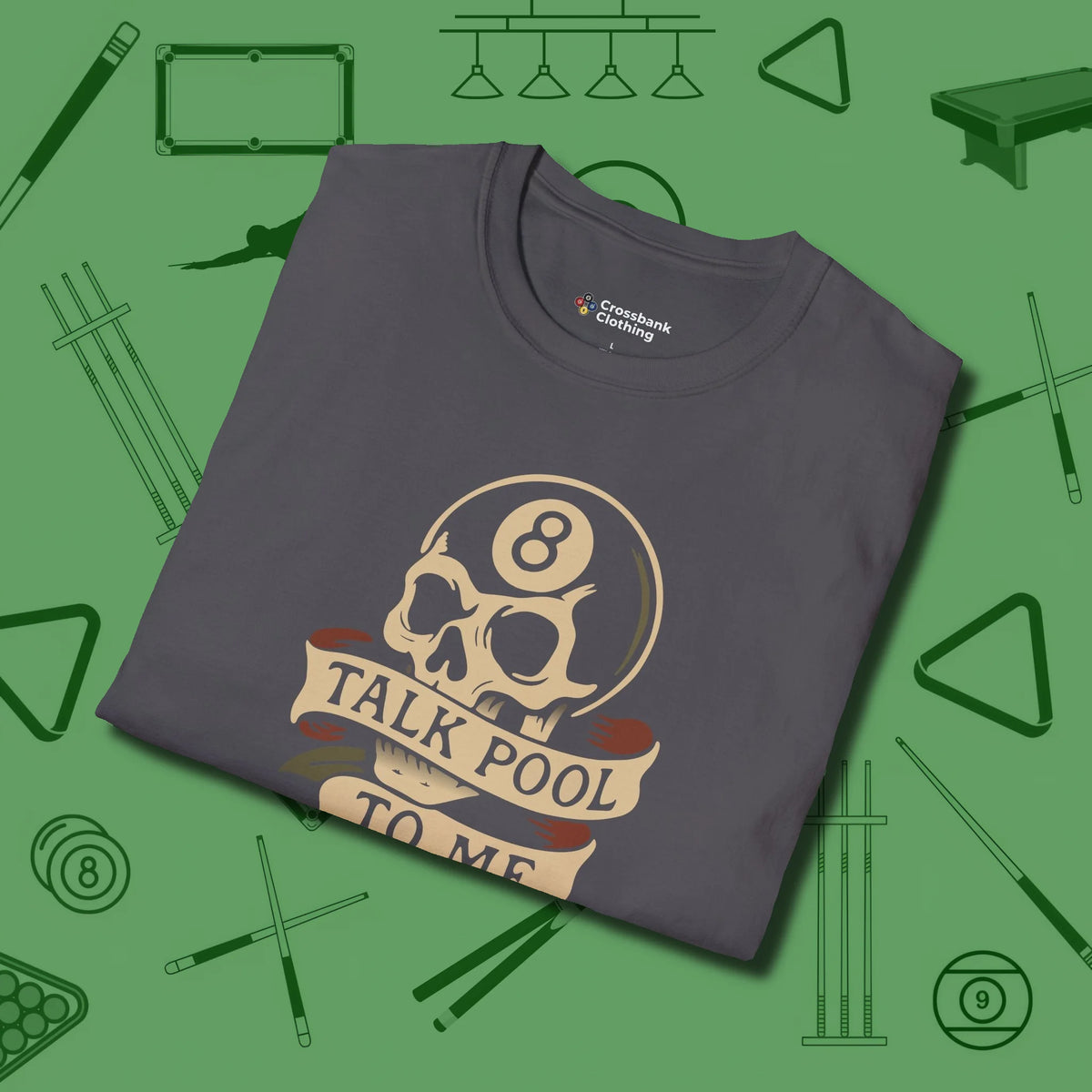 Talk To Me 8-Ball Skull T-Shirt, folded view, in Charcoal cue sports swagger done right