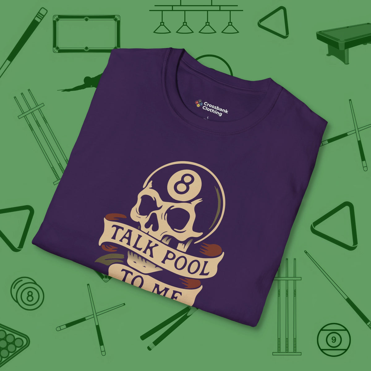 Talk To Me 8-Ball Skull T-Shirt, folded view, in Purple where style and cue discipline collide