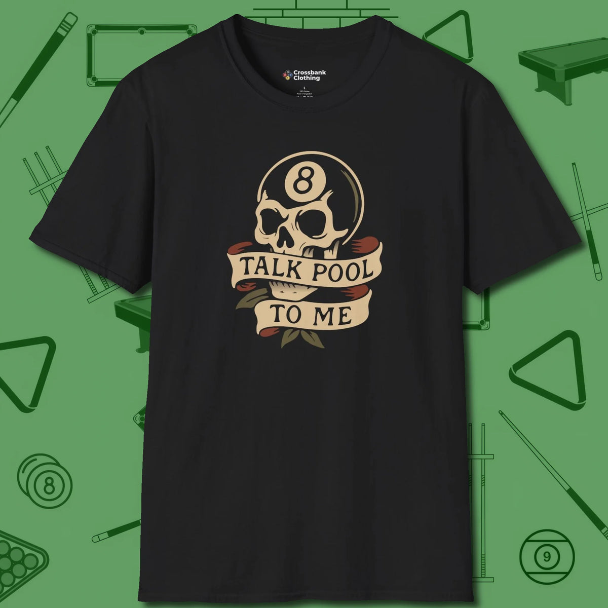 Talk To Me 8-Ball Skull T-Shirt, front view, in Black smart apparel for strategic players
