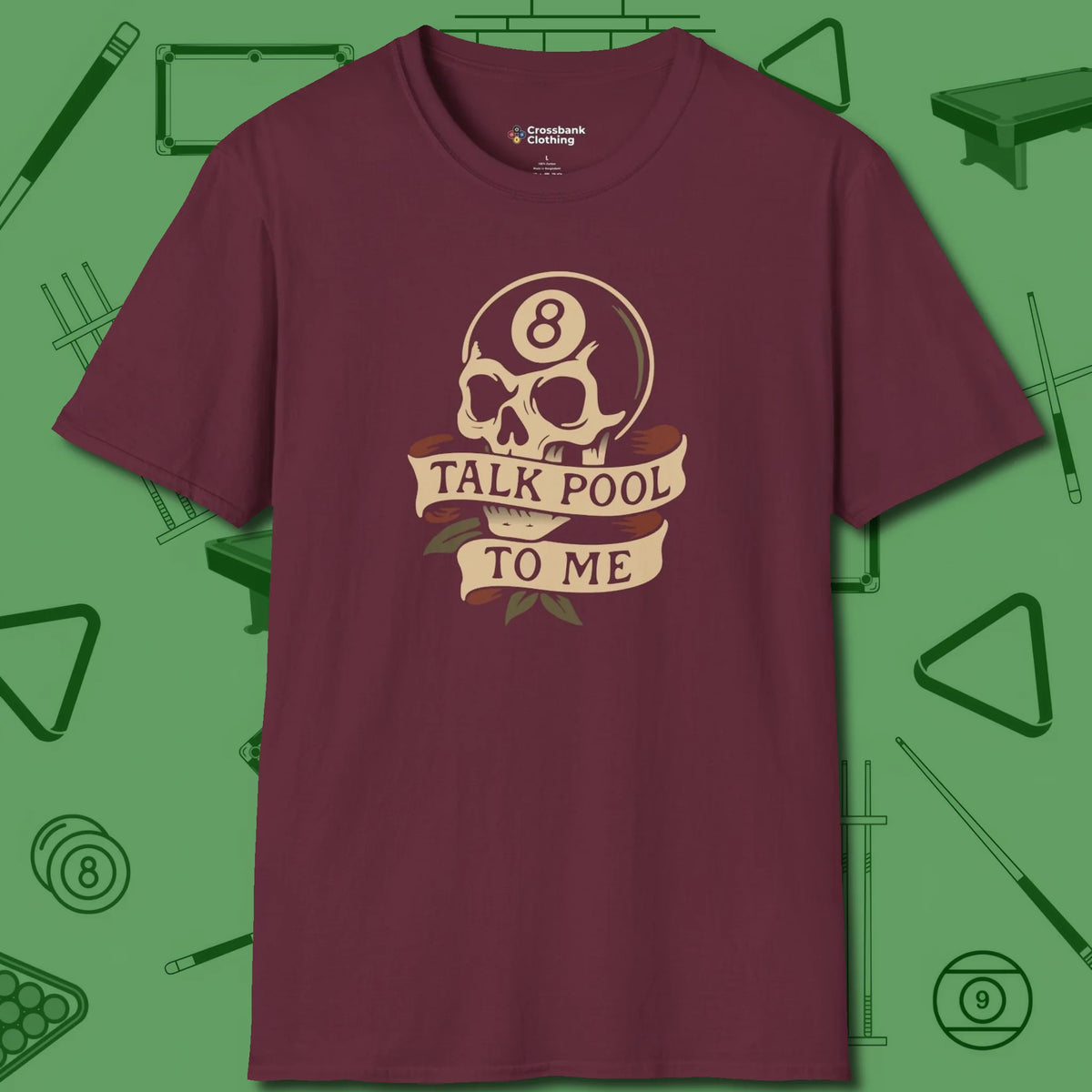 Talk To Me 8-Ball Skull T-Shirt, front view, in Maroon smart apparel for strategic players