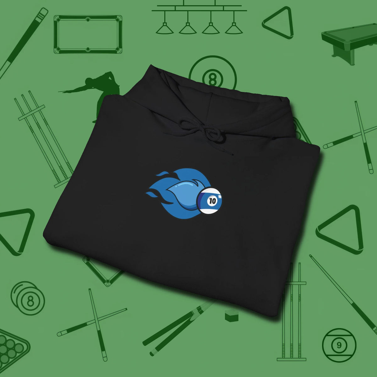 Ten Ball Flames Hoodie, folded view, in Black not your average 8-ball graphic tee