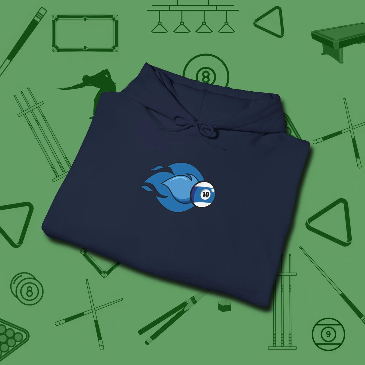 Ten Ball Flames Hoodie, folded view, in Navy your go-to shirt for league night victories