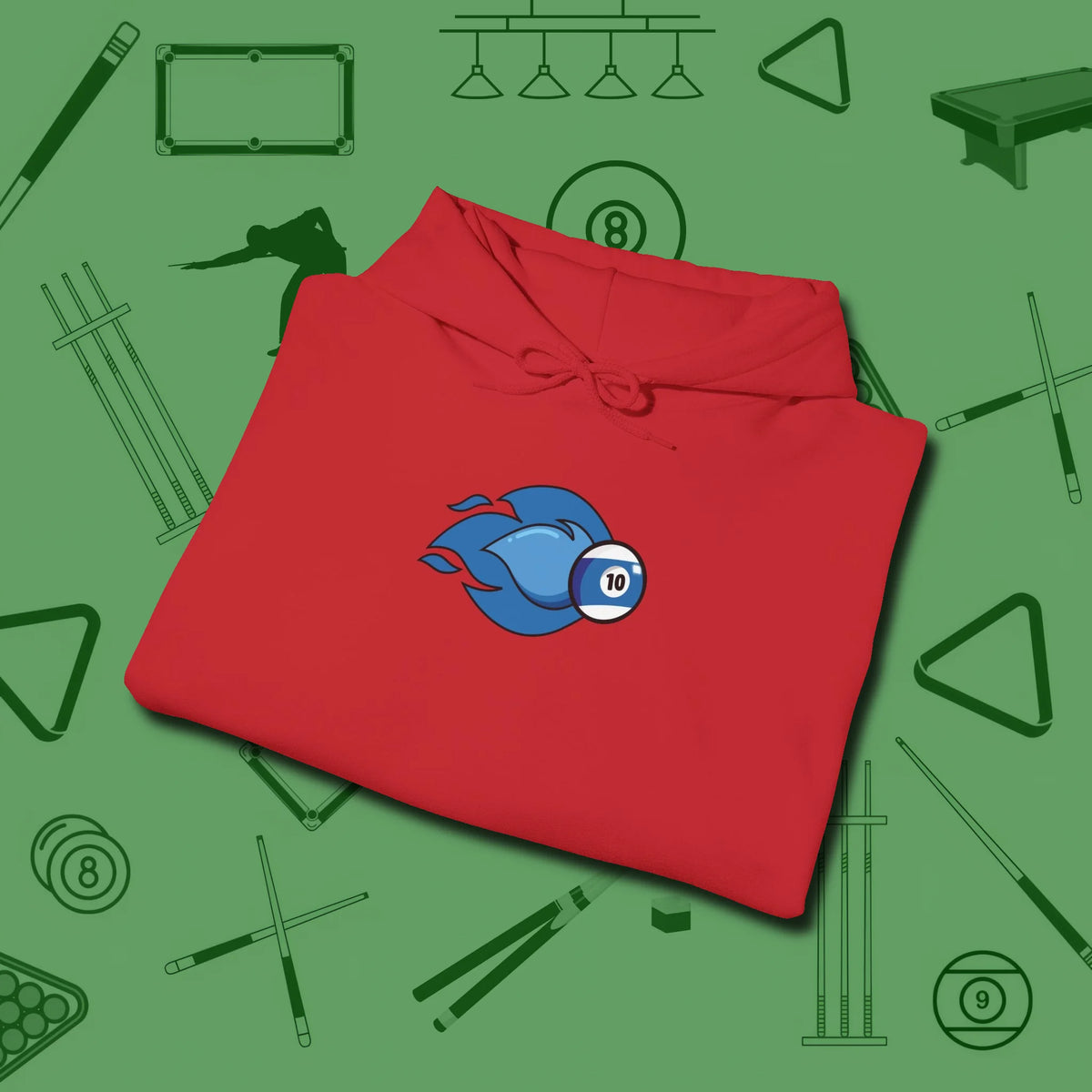 Ten Ball Flames Hoodie, folded view, in Red style that banks as hard as you do