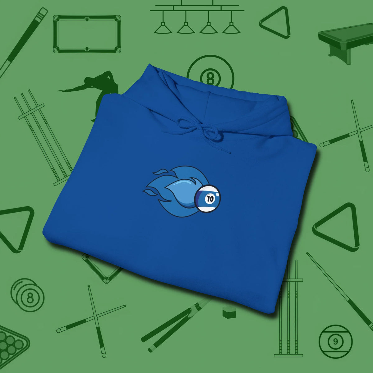 Ten Ball Flames Hoodie, folded view, in Royal your secret weapon off the table