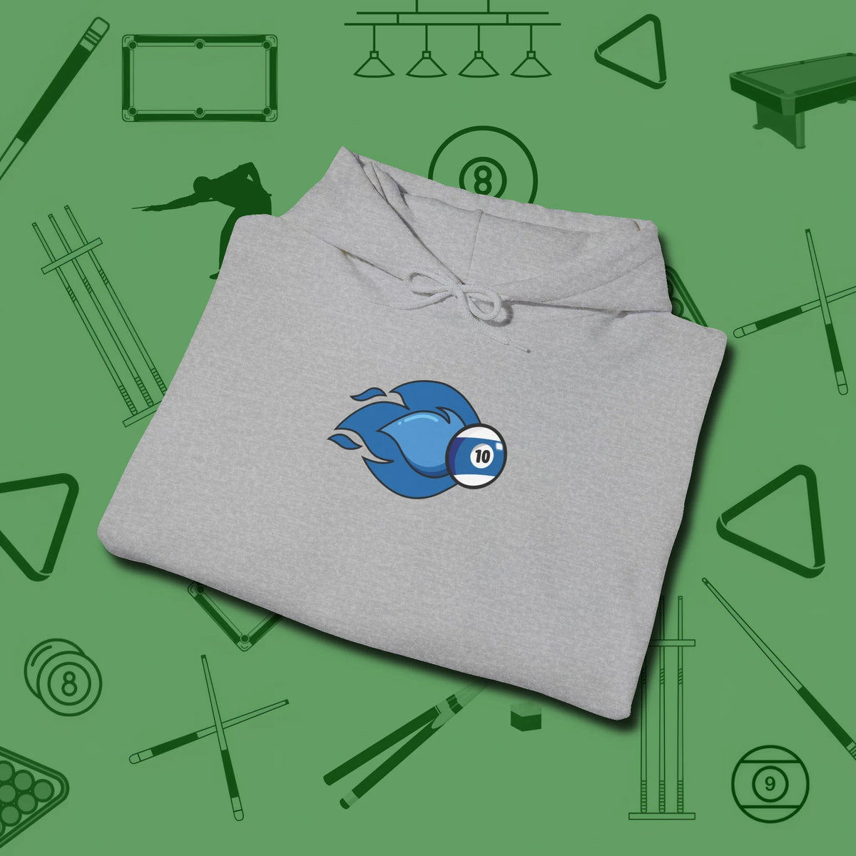 Ten Ball Flames Hoodie, folded view, in Sport Grey because the table is your battlefield