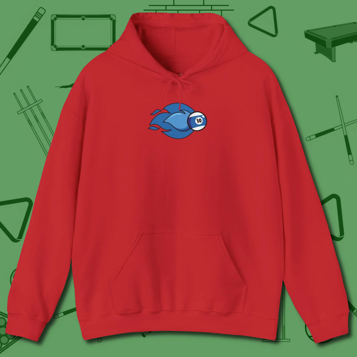 Ten Ball Flames Hoodie, front view, in Red attitude built for the long haul