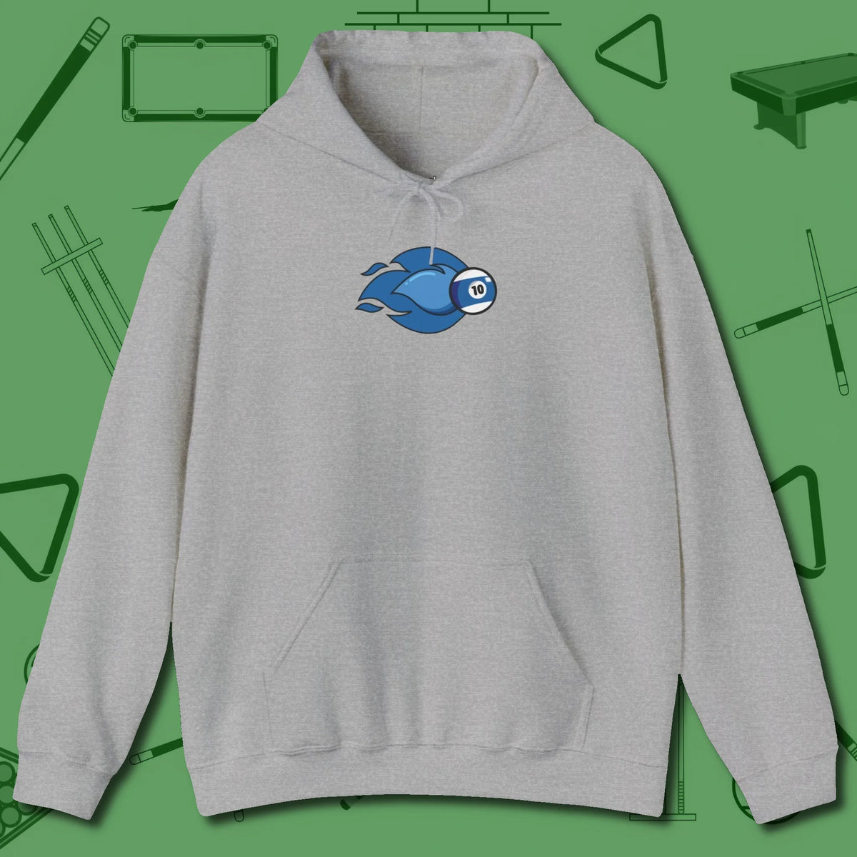 Ten Ball Flames Hoodie, front view, in Sport Grey strike fear with swagger and precision