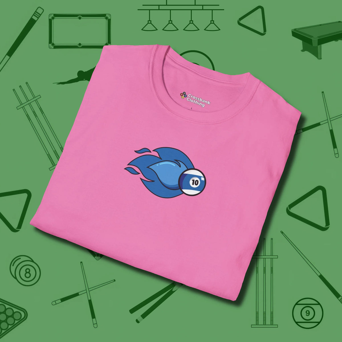 Ten Ball Flames T-Shirt, folded view, in Azalea put your best game on display