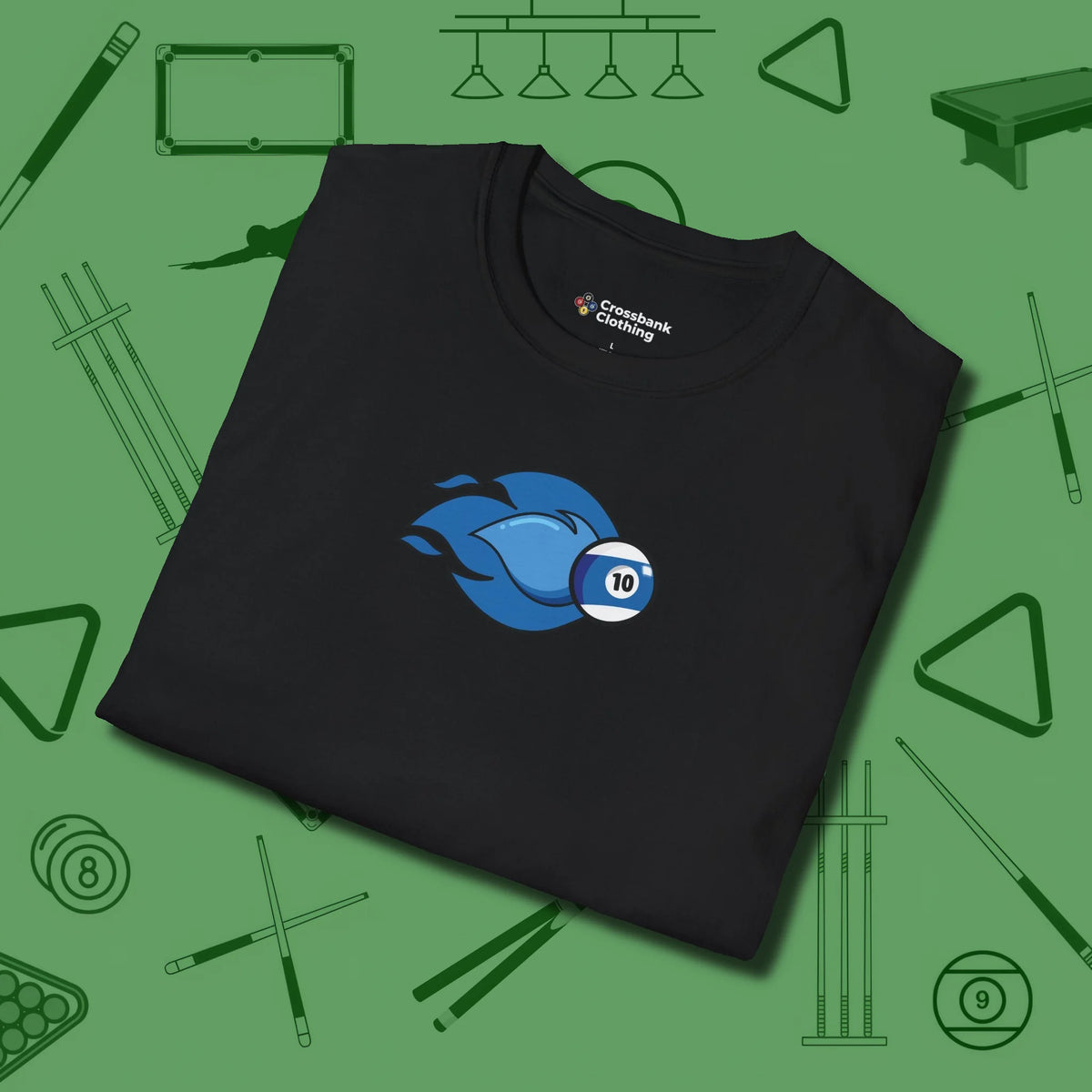 Ten Ball Flames T-Shirt, folded view, in Black for hustlers who keep it honest