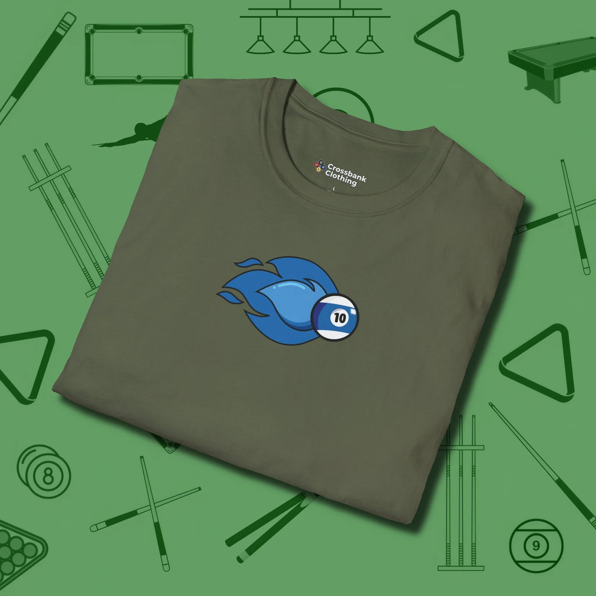 Ten Ball Flames T-Shirt, folded view, in Military Green your go-to shirt for league night victories