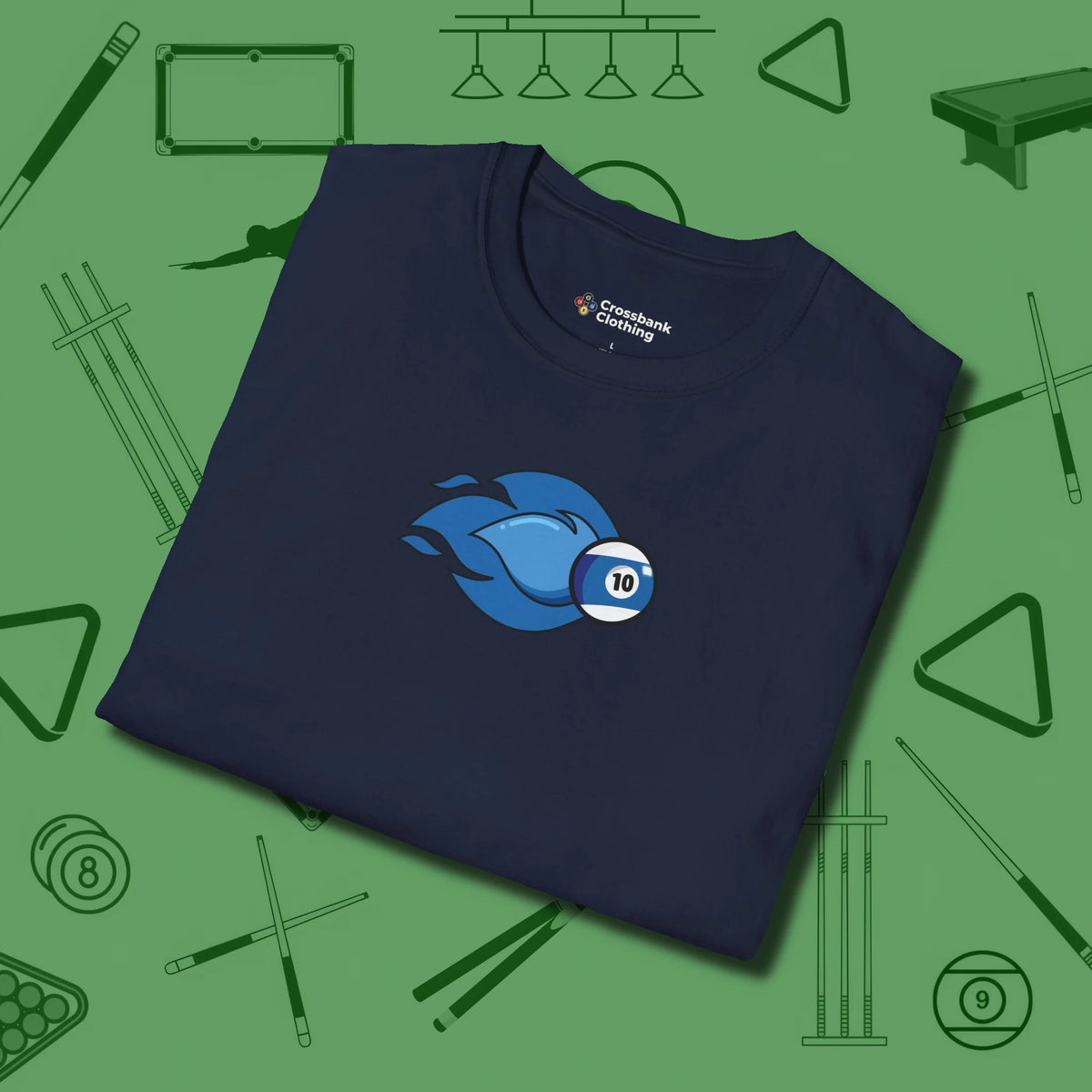 Ten Ball Flames T-Shirt, folded view, in Navy for hustlers who keep it honest