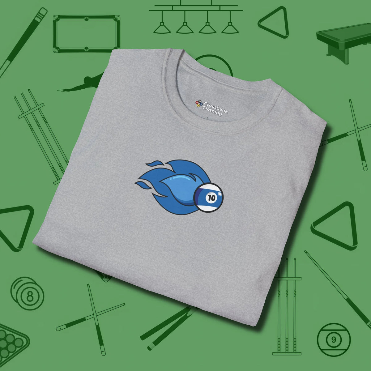 Ten Ball Flames T-Shirt, folded view, in Sport Grey perfect for players with quiet fire