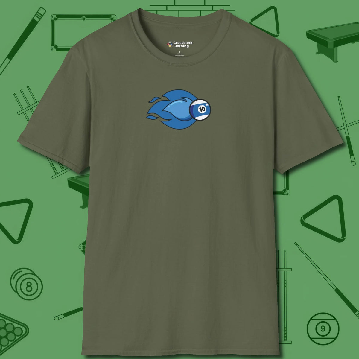 Ten Ball Flames T-Shirt, front view, in Military Green smart enough for the felt and the street
