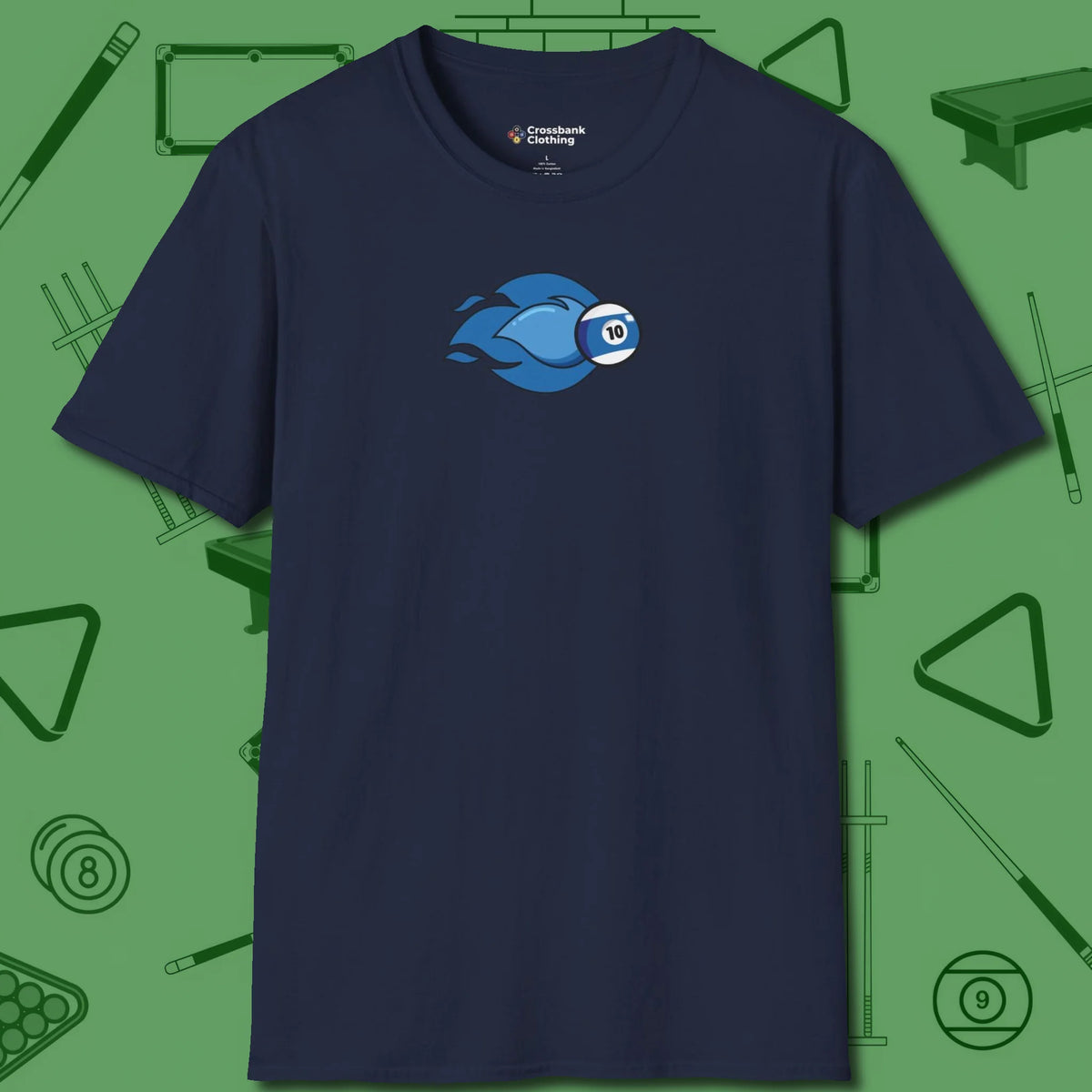 Ten Ball Flames T-Shirt, front view, in Navy for players who live the game