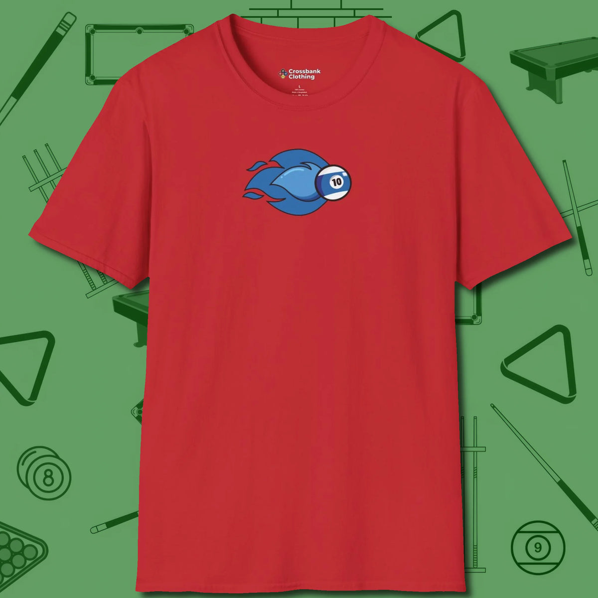 Ten Ball Flames T-Shirt, front view, in Red made for pool sharks, not posers
