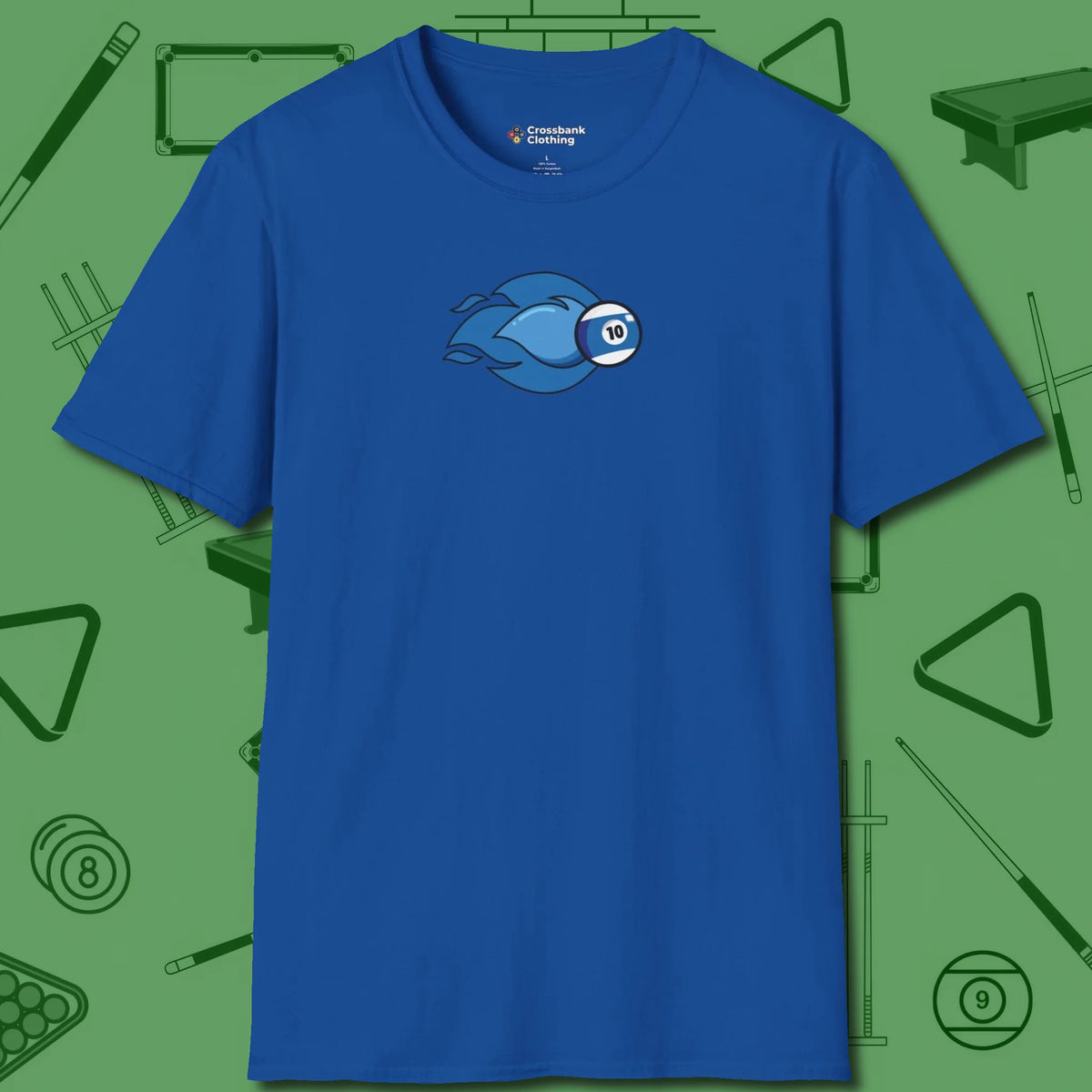Ten Ball Flames T-Shirt, front view, in Royal perfect for players with quiet fire