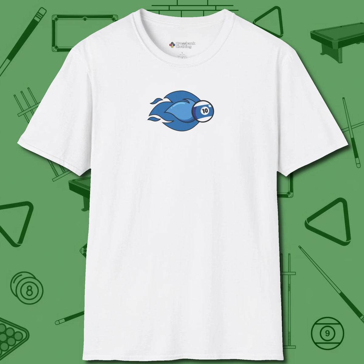 Ten Ball Flames T-Shirt, front view, in White where cue control meets personal style