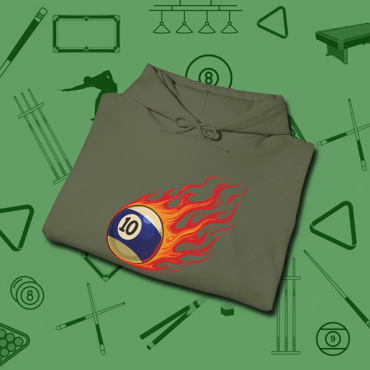 Ten Ball Inferno Hoodie, folded view, in Military Green your go-to shirt for league night victories