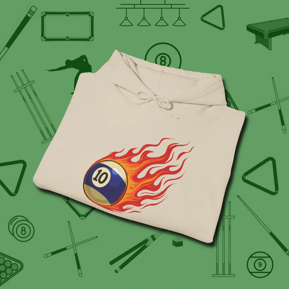 Ten Ball Inferno Hoodie, folded view, in Sand look good while calling your pocket