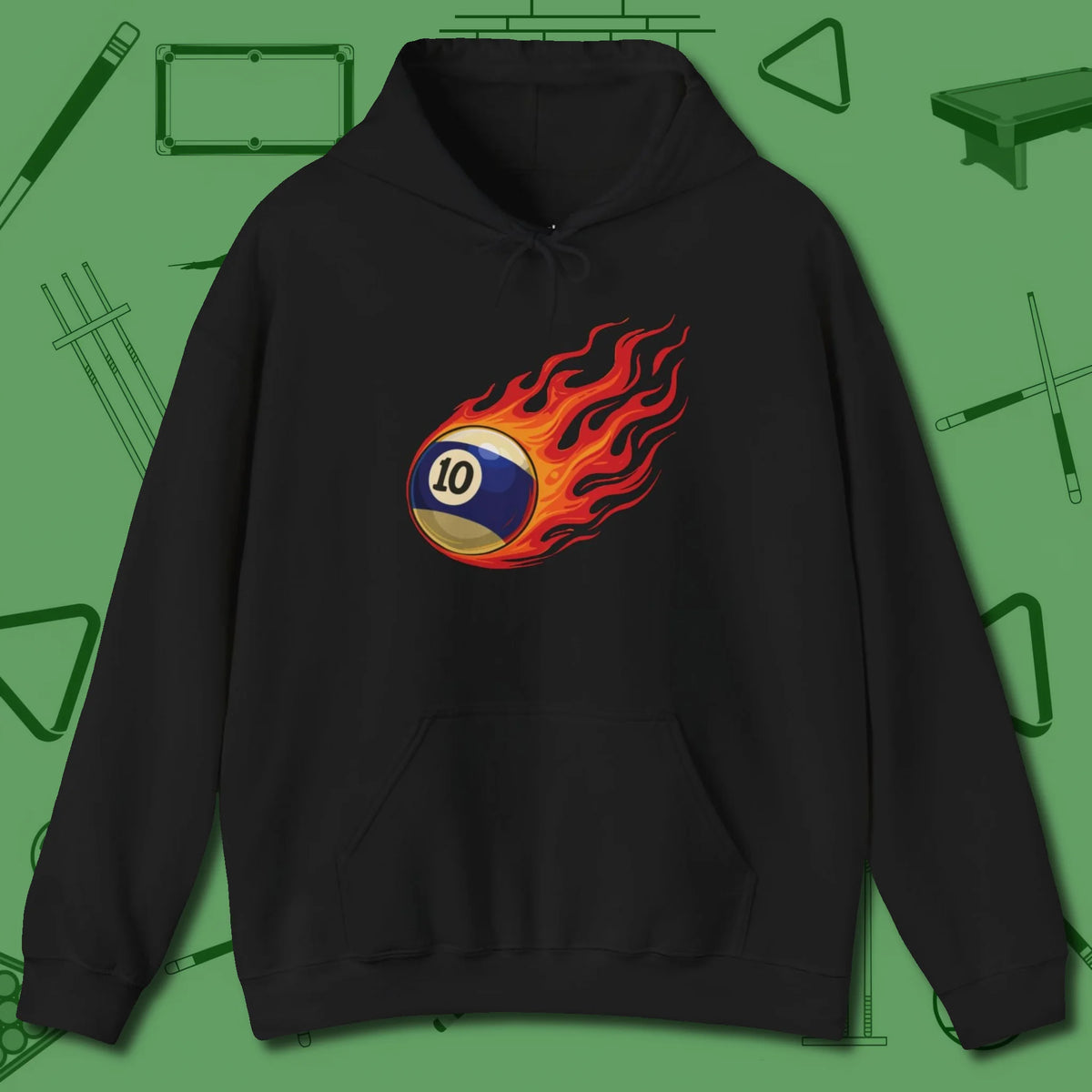Ten Ball Inferno Hoodie, front view, in Black made for pool sharks, not posers