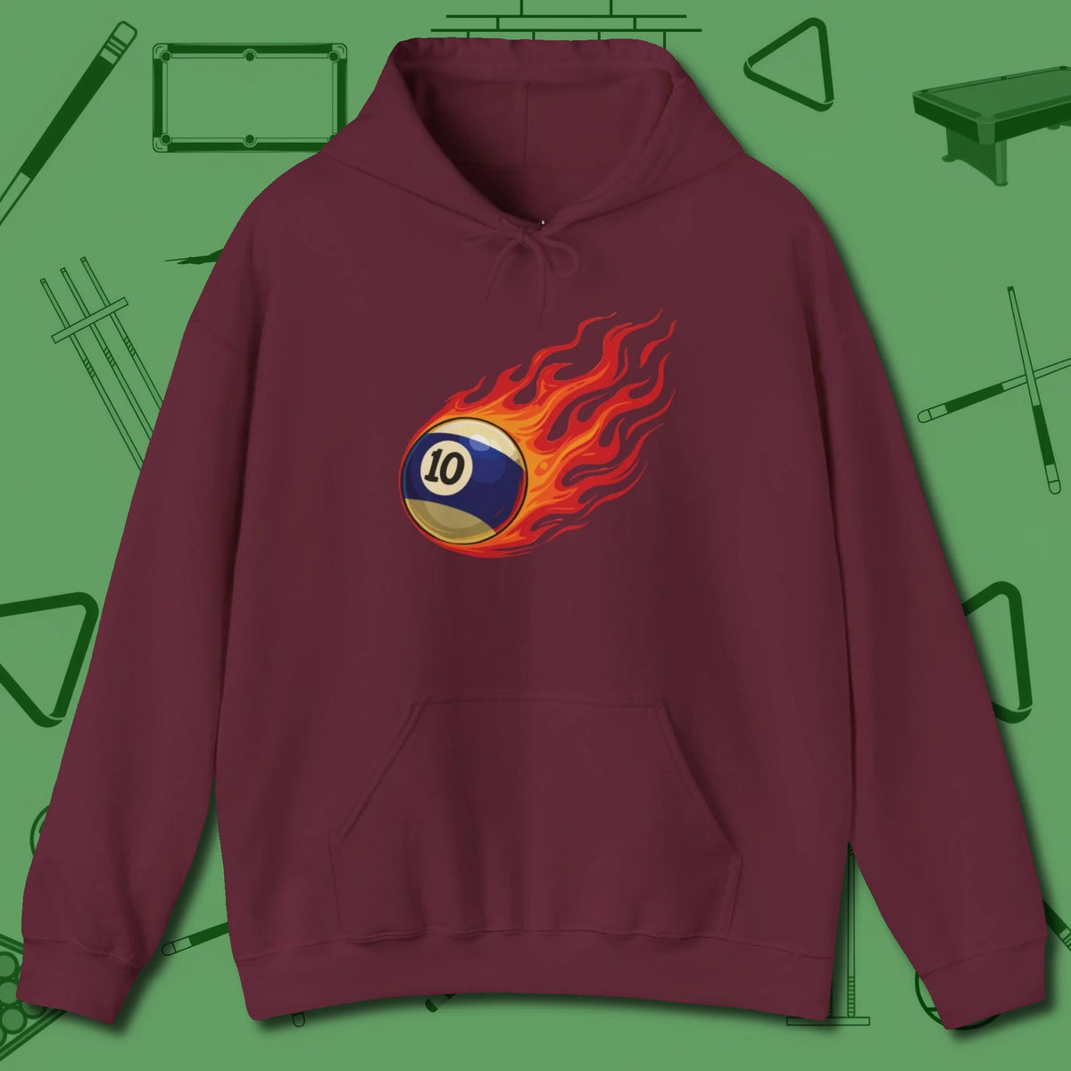 Ten Ball Inferno Hoodie, front view, in Maroon like your stroke — smooth and deliberate