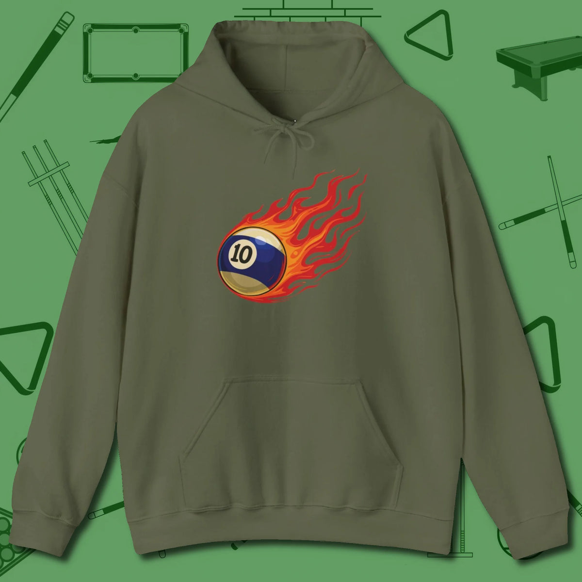 Ten Ball Inferno Hoodie, front view, in Military Green because you don’t just play — you represent