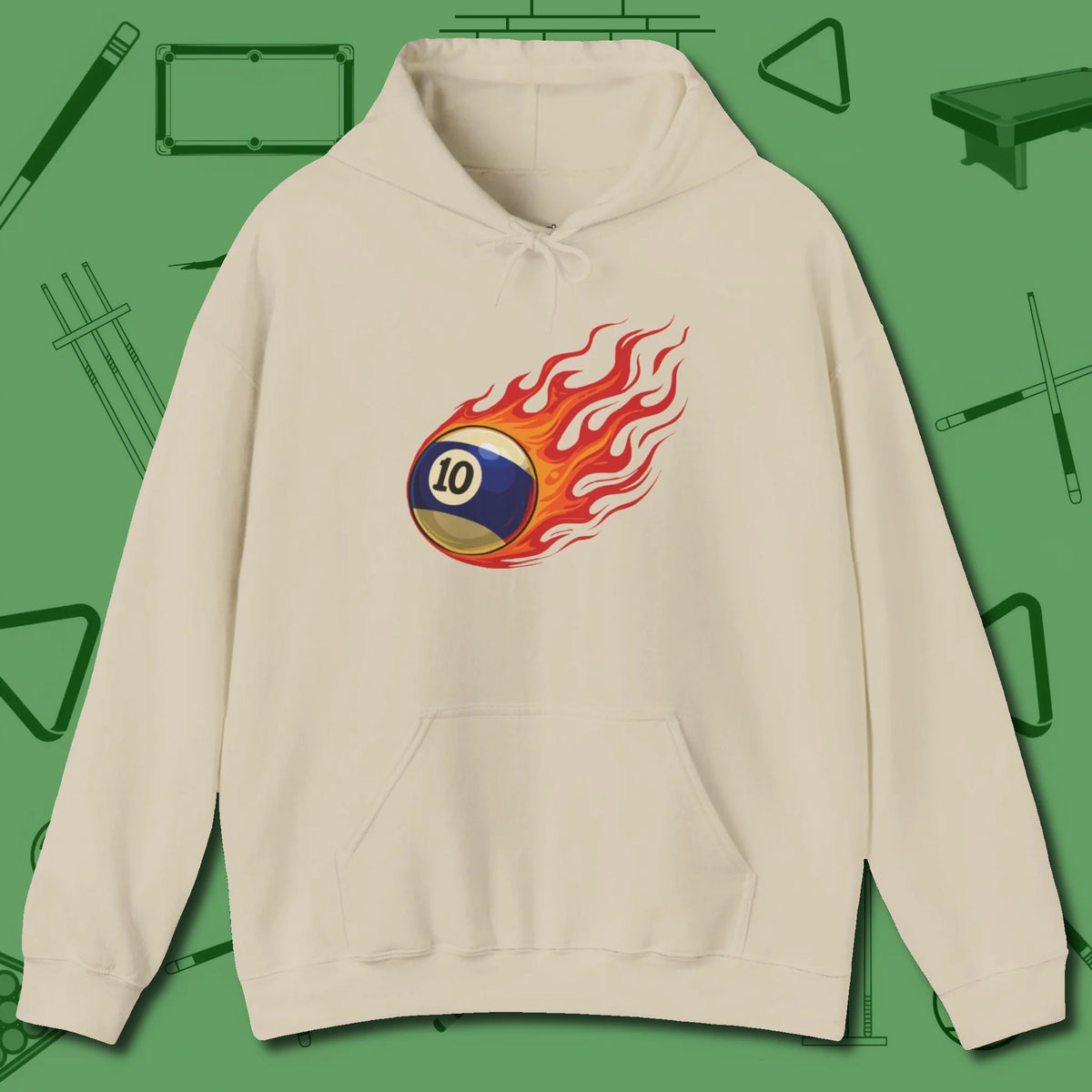Ten Ball Inferno Hoodie, front view, in Sand the official uniform of the after-hours crew