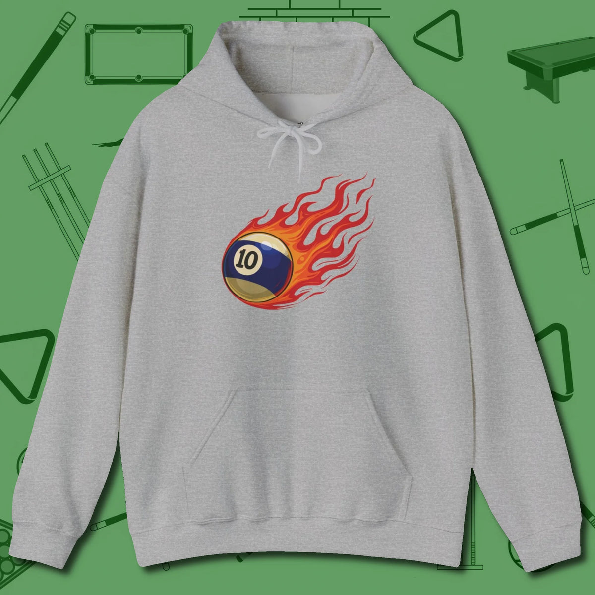 Ten Ball Inferno Hoodie, front view, in Sport Grey what the real shooters wear