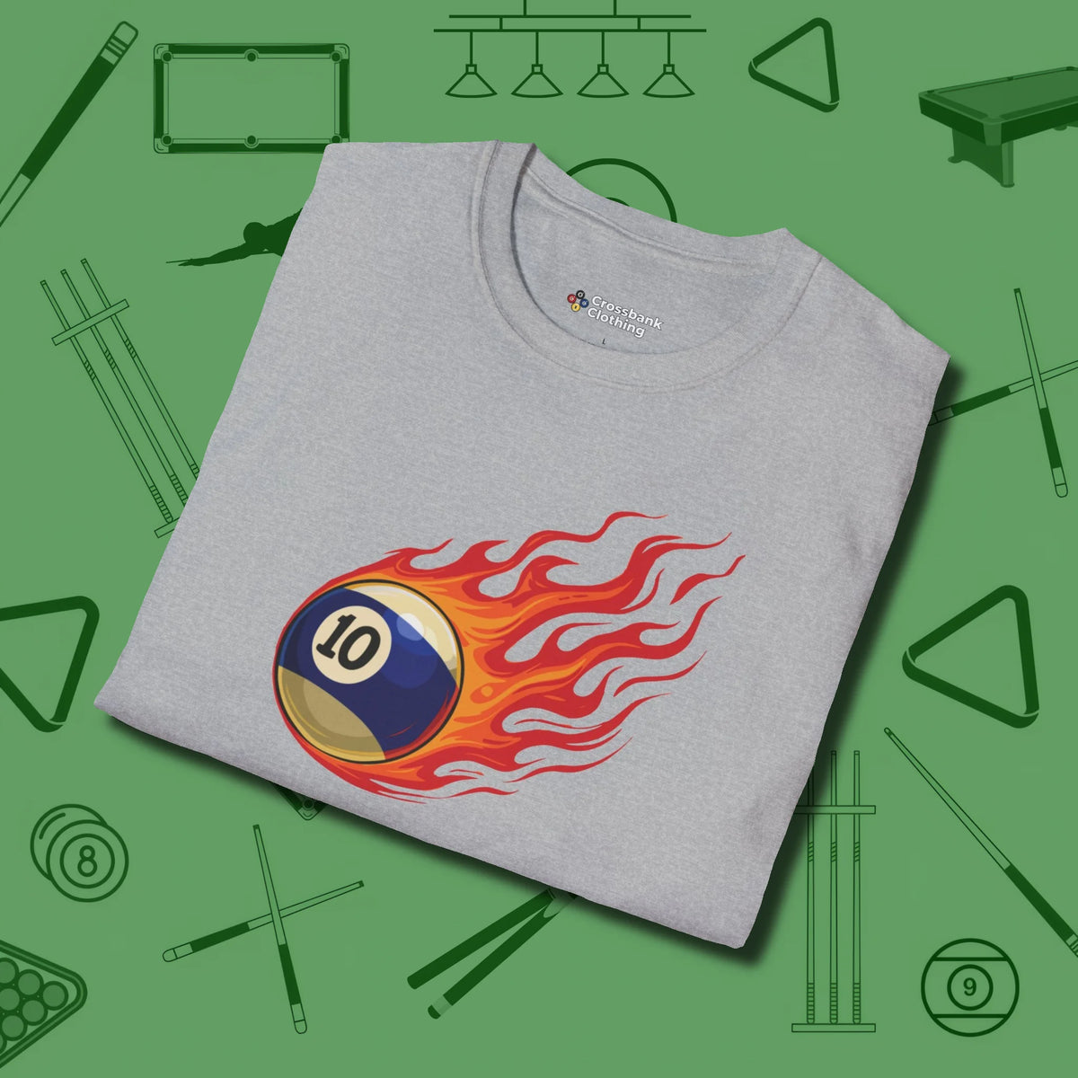 Ten Ball Inferno T-Shirt, folded view, in Sport Grey clean lines for dirty minds