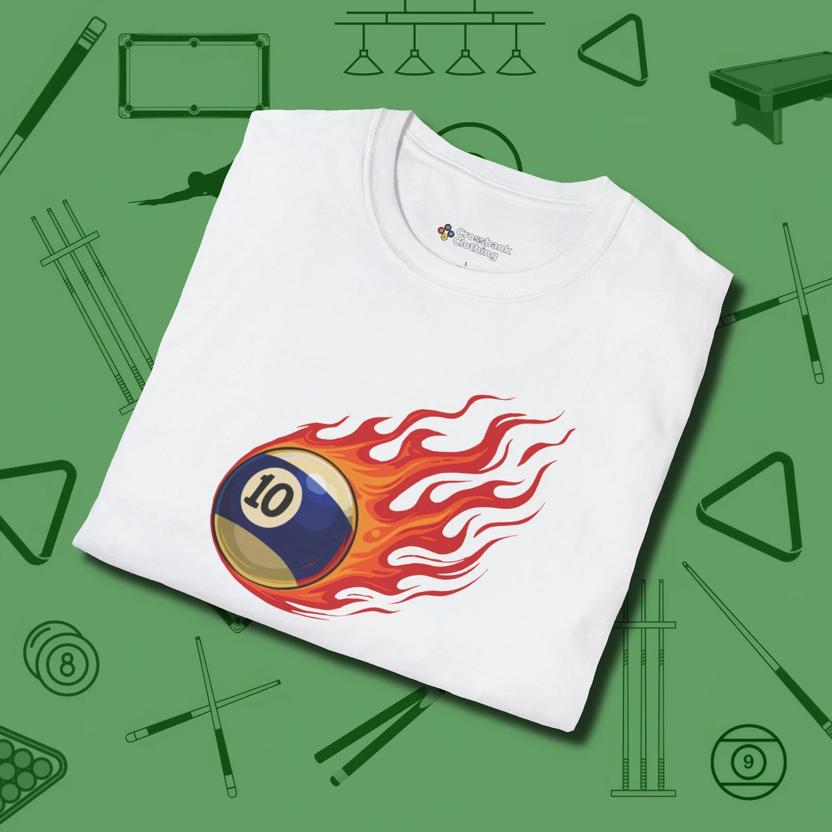 Ten Ball Inferno T-Shirt, folded view, in White cue sports swagger done right