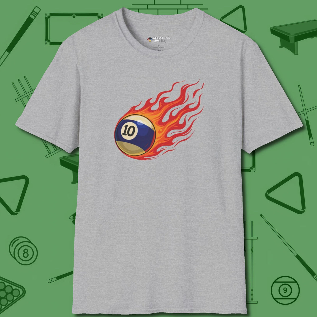 Ten Ball Inferno T-Shirt, front view, in Sport Grey break, run out, turn heads — repeat