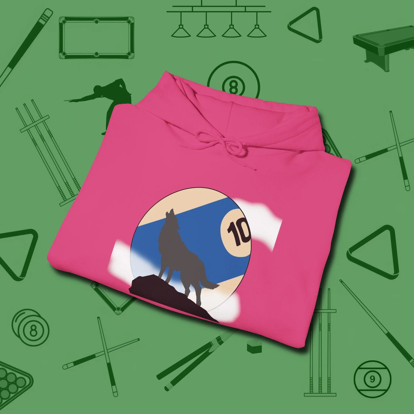 Ten Ball Wolf Hoodie, folded view, in Heliconia not your average 8-ball graphic tee