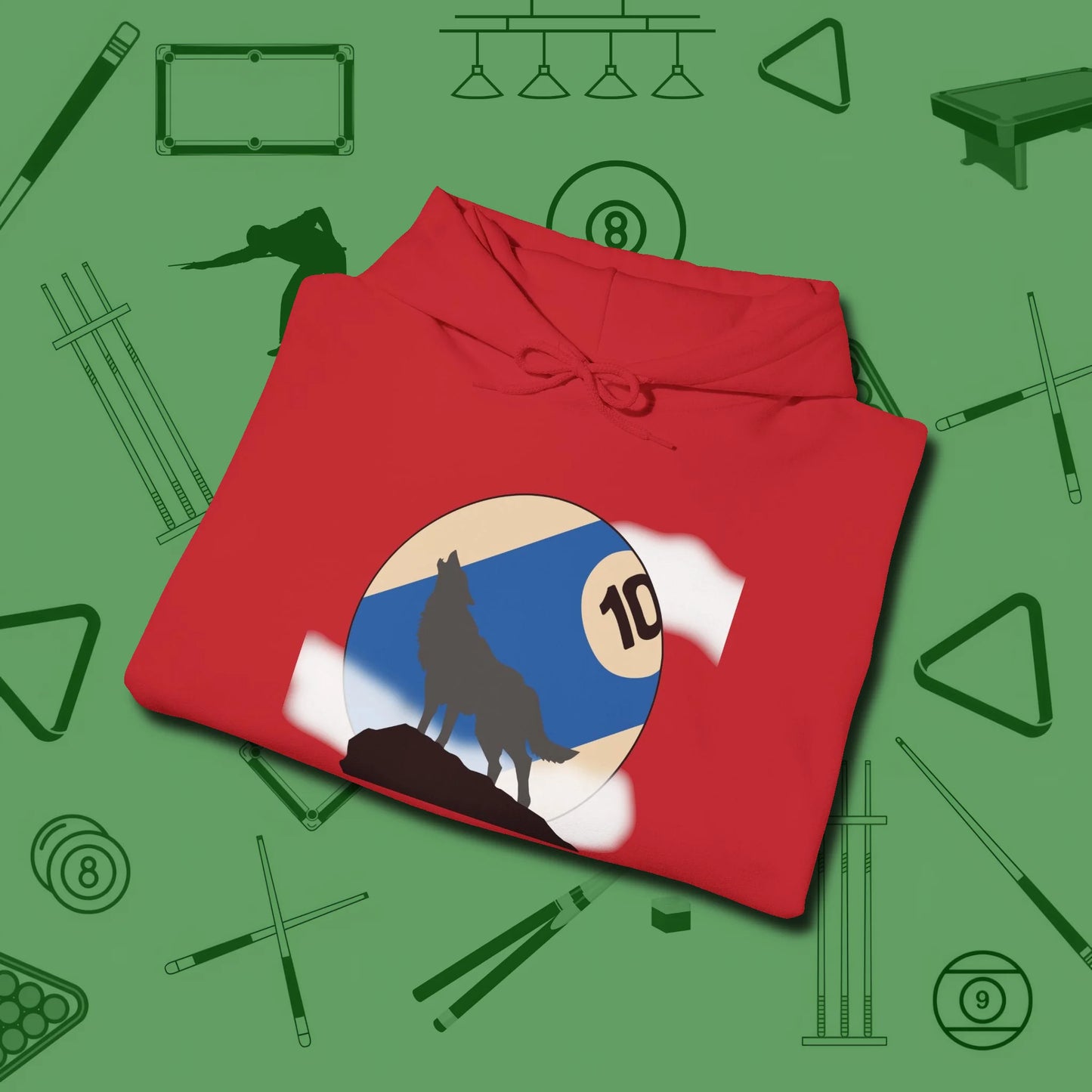 Ten Ball Wolf Hoodie, folded view, in Red made for pool sharks, not posers
