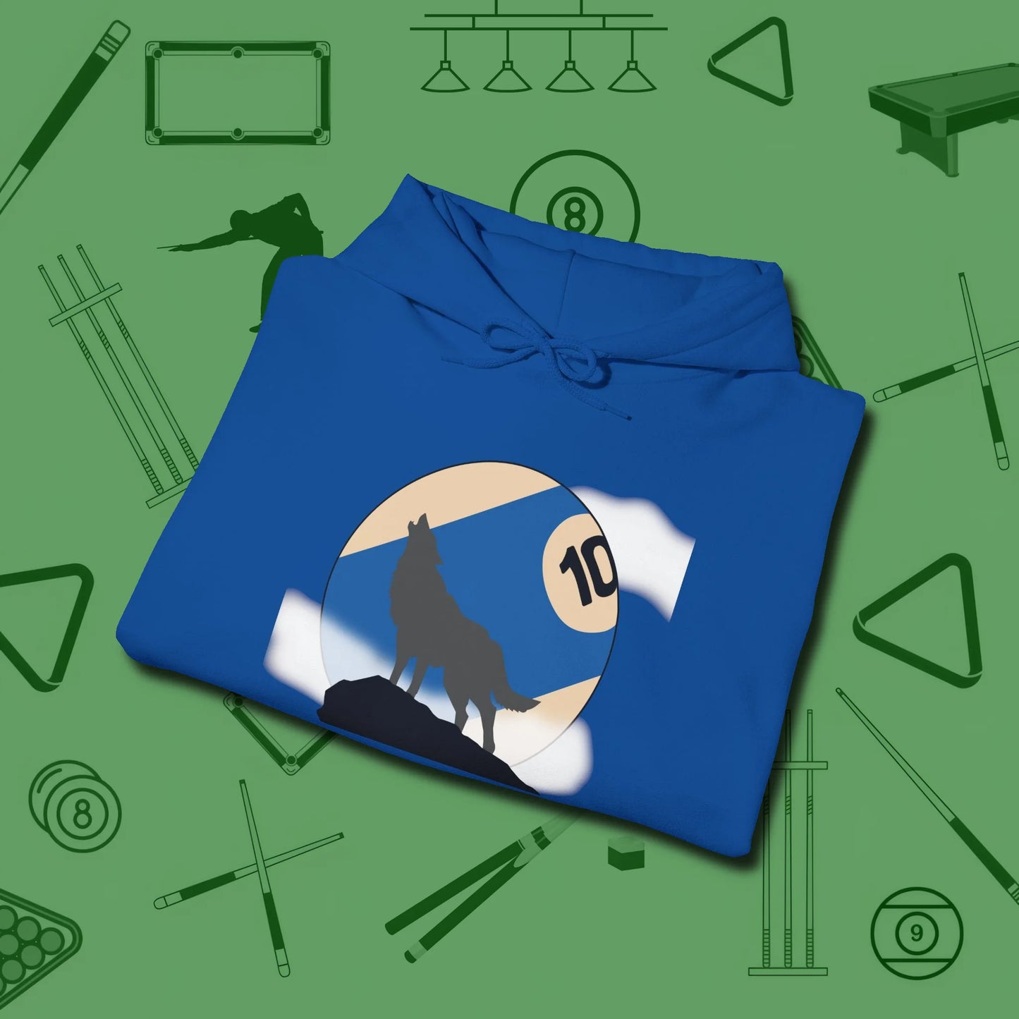 Ten Ball Wolf Hoodie, folded view, in Royal not your average 8-ball graphic tee