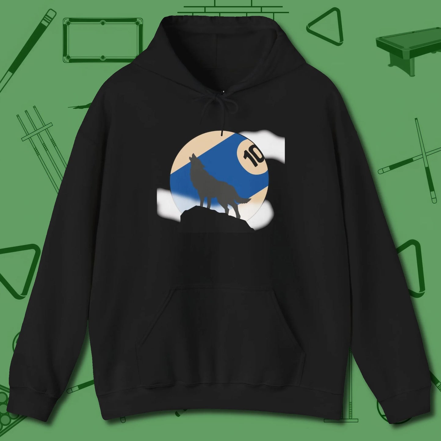 Ten Ball Wolf Hoodie, front view, in Black cool under pressure, hot on the eyes